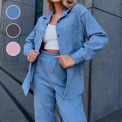 Lapel Button-Down Tops ＆ Long Pants 2-Piece Set
