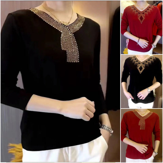 2024 High quality winter velvet long sleeve t-shirt with rhinestones, warm and fashionable