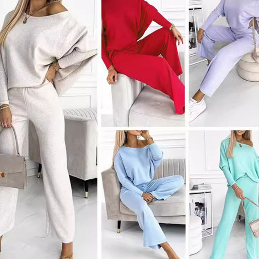 ✨Women's Solid Color Drop Shoulder Pullover and Loose Pants Set