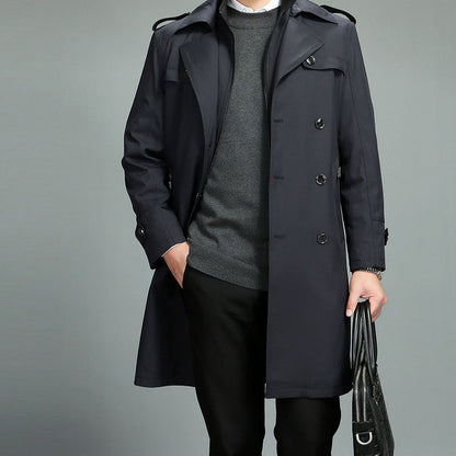 Men's Casual Zippered Lapel Trench Coat with Detachable Liner