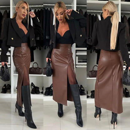 Women's Elegant Sexy High-waist Thigh-slit Leather Skirt