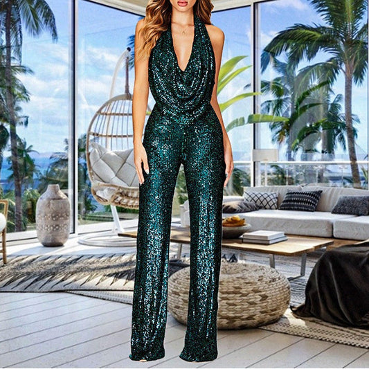 🖤Black Friday Sale: 50 % OFF🔥Women's Sparkly Sexy Halter Neck Slim Fit Jumpsuit