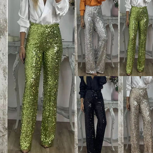 Women's High-Waist Sequin Slim Stretch Pants with Flared Legs