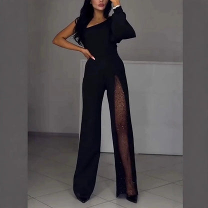 🎆New Year Pre-Sale🎁Women's One Shoulder Glitter Mesh Flared Jumpsuit