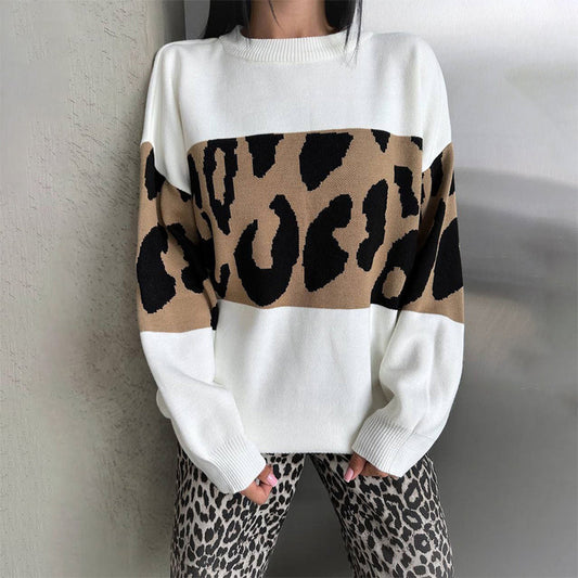 Women's Trendy Leopard Patchwork Crew Neck Sweater