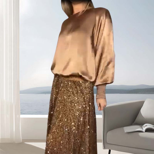 🎅Xmas Sales - 49% OFF🎄Women's Long Sleeve Top & Sequin Maxi Skirt Two-Piece Set