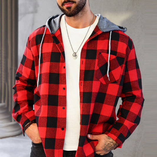 Men's Versatile Hooded Plaid Flannel Shirt