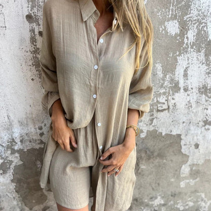 🎉2025 New Products Hot Sale✨Women's Casual Long Sleeve Shirt & Shorts Two-Piece Set