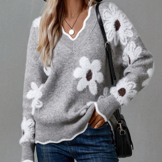 Women's Floral Pattern Scallop Trim Sweater