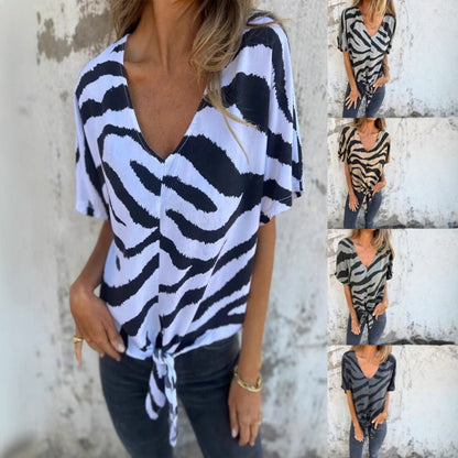 Women's V-Neck Striped Printed Casual Short-Sleeved Top