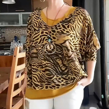 Women's Abstract Leopard Print Seven-quarter Sleeve Top