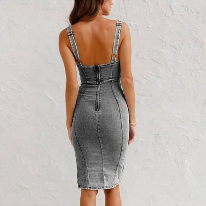💜 LAST DAY PROMOTION - 50%OFF 💜 Adjustable strap U-neck split denim bodycon cami dress