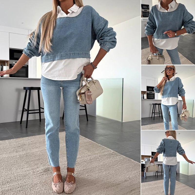 Women's Chic Long Sleeve Denim Top & Trouser Two-Piece Set