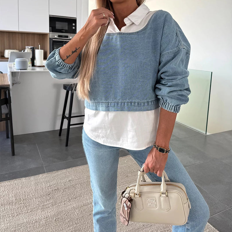 Women's Chic Long Sleeve Denim Top & Trouser Two-Piece Set
