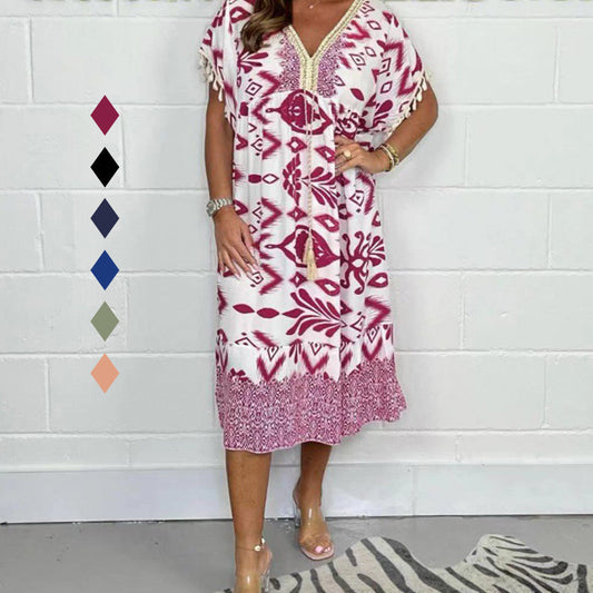 🎉Last Day Promotion 60% OFF💃🌼Women's V-Neckline Printed Tassel Casual Dress