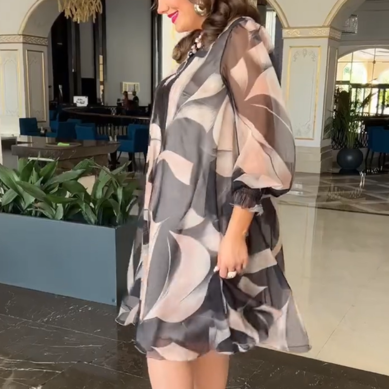 💓HOT SALE 50% OFF💥Round Neck Long Sleeve Printed Flowy Dress