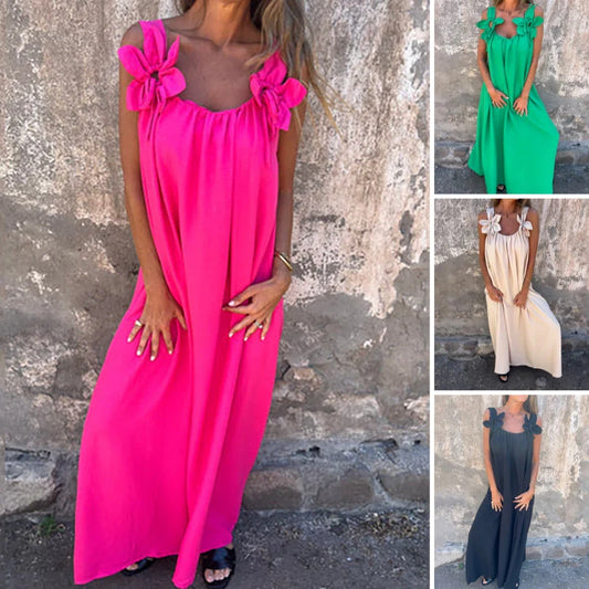 💕 Floral Straps U Neckline Solid Women's Dresses