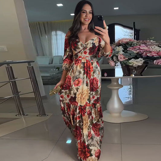 🌹Limited Sale 48% OFF🌹Women's V-Neck Floral Printed Pleated Dress