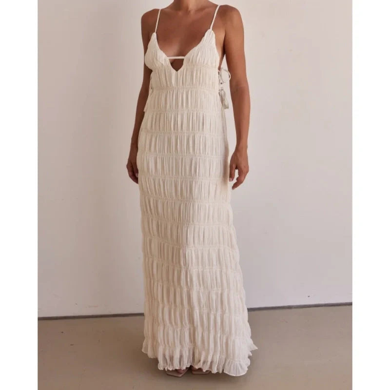 Solid Color V-Neck Ruched Strapless Backless Halter Dress
