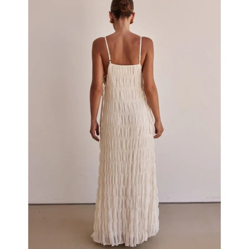 Solid Color V-Neck Ruched Strapless Backless Halter Dress