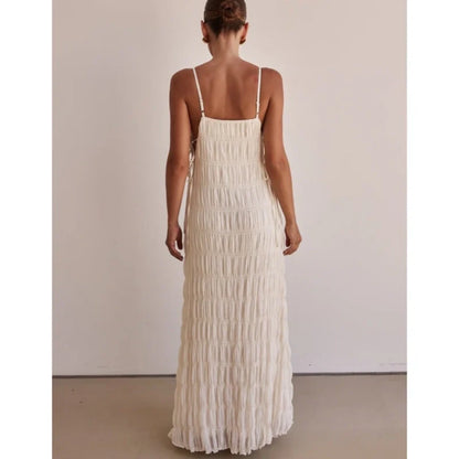 Solid Color V-Neck Ruched Strapless Backless Halter Dress