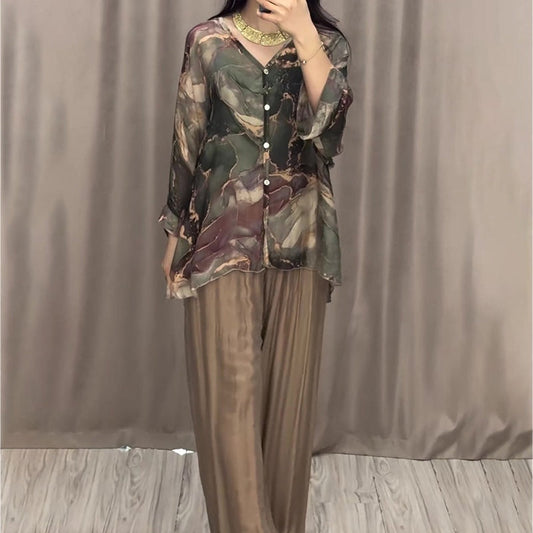 Casual V-neck Printed Two Piece Suit
