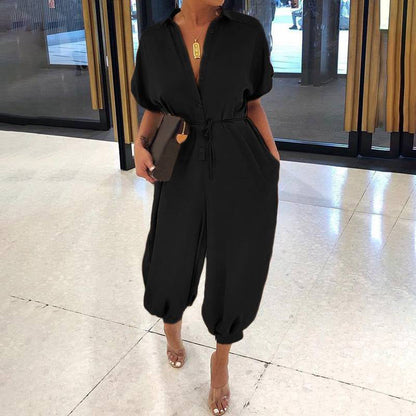 💖LAST DAY SALE 50% OFF💖Women's Casual Loose Short Sleeve Button Up Jumpsuit