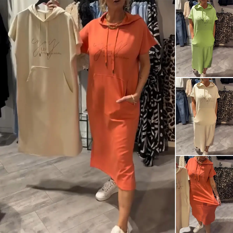 🔥Factory Direct Sales🔥Women’s Solid Short-Sleeve Hooded Long Dress