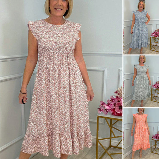 🎉🌷Hot Sale 49% OFF💃Women's Elegant Floral Print High-Waisted Ruffle Cap Sleeve Dress