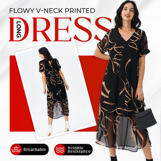 💝✨Flowy V-Neck Printed Long Dress