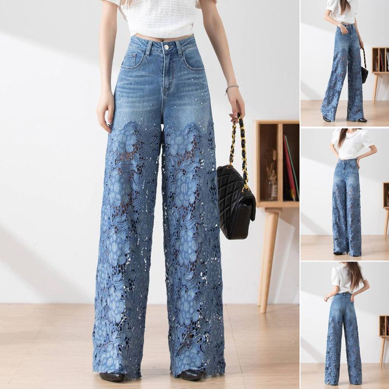🔥 Women's High-Waisted Blue Denim Wide-Leg Pants (Hollow-out Lace Panels)