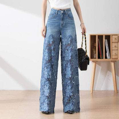 🔥 Women's High-Waisted Blue Denim Wide-Leg Pants (Hollow-out Lace Panels)