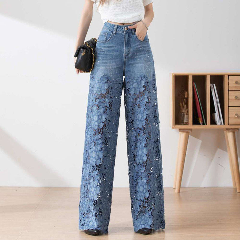 🔥 Women's High-Waisted Blue Denim Wide-Leg Pants (Hollow-out Lace Panels)