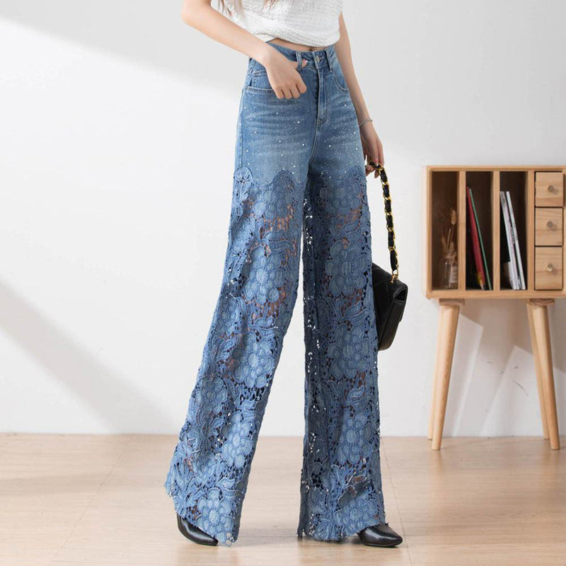 🔥 Women's High-Waisted Blue Denim Wide-Leg Pants (Hollow-out Lace Panels)
