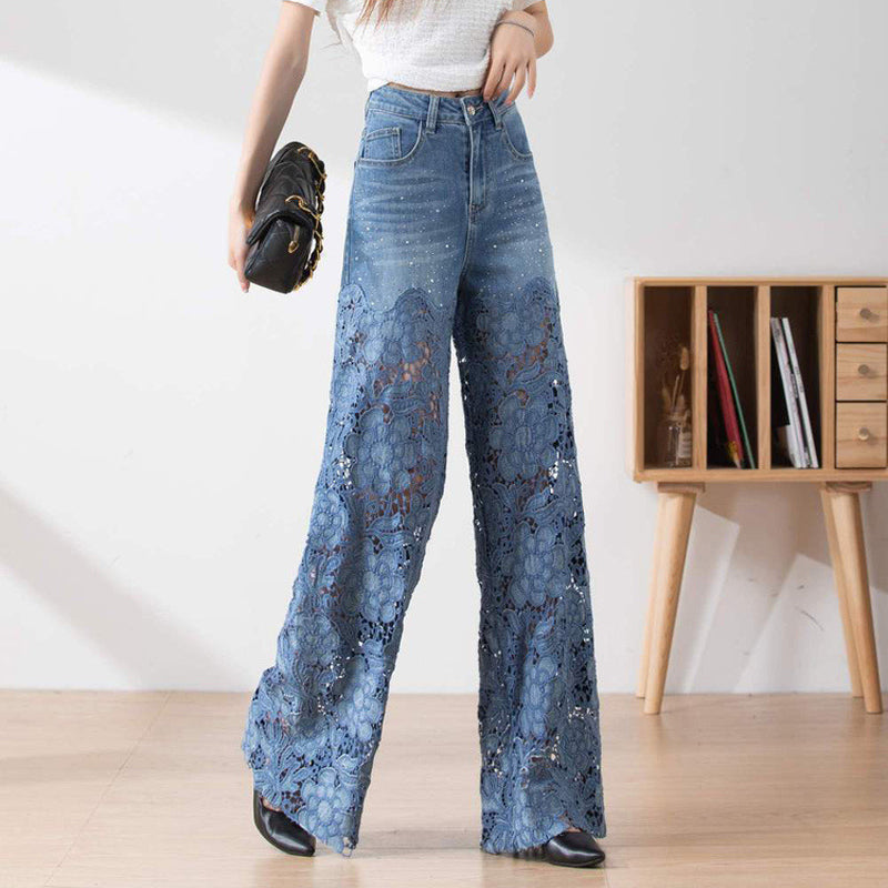 🔥 Women's High-Waisted Blue Denim Wide-Leg Pants (Hollow-out Lace Panels)