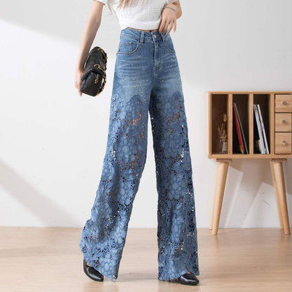 🔥 Women's High-Waisted Blue Denim Wide-Leg Pants (Hollow-out Lace Panels)