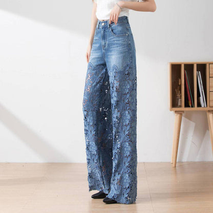🔥 Women's High-Waisted Blue Denim Wide-Leg Pants (Hollow-out Lace Panels)