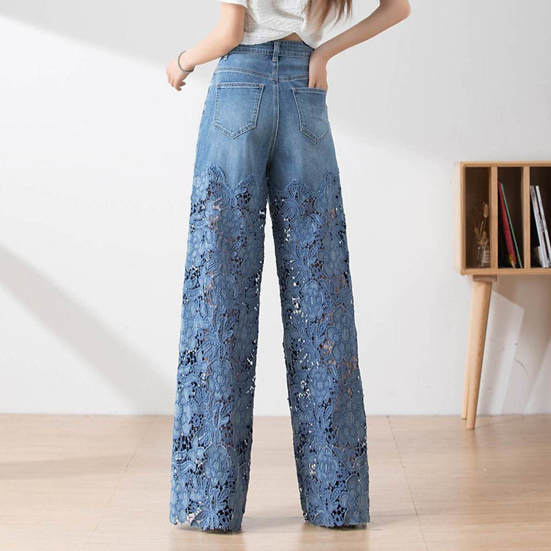 🔥 Women's High-Waisted Blue Denim Wide-Leg Pants (Hollow-out Lace Panels)