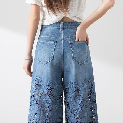 🔥 Women's High-Waisted Blue Denim Wide-Leg Pants (Hollow-out Lace Panels)