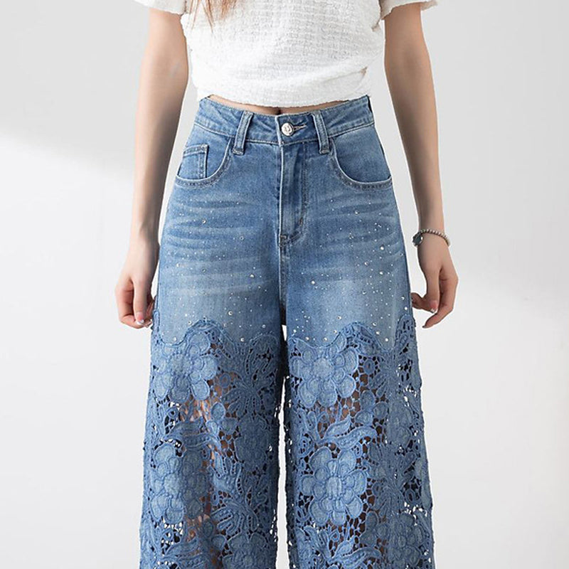 🔥 Women's High-Waisted Blue Denim Wide-Leg Pants (Hollow-out Lace Panels)