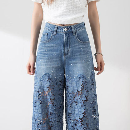 🔥 Women's High-Waisted Blue Denim Wide-Leg Pants (Hollow-out Lace Panels)