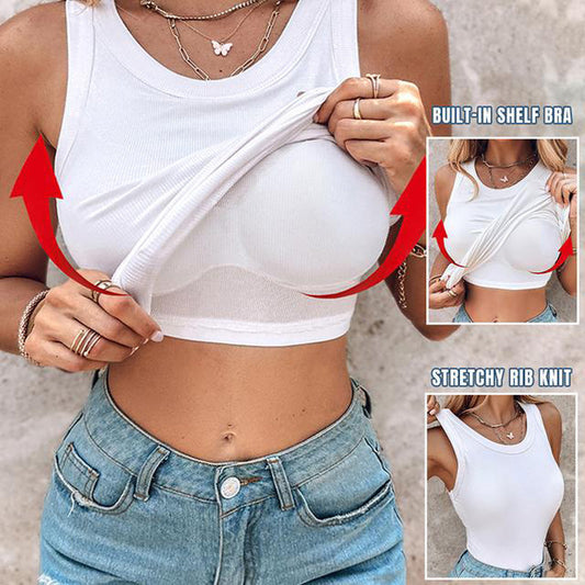 🍃Round Neck Built-in Bra Ribbed Tank Top Fit Casual Comfortable💥 🍃