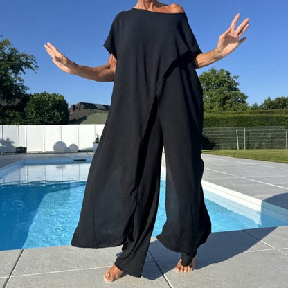 Solid Color Off-Shoulder Top & Pants Set