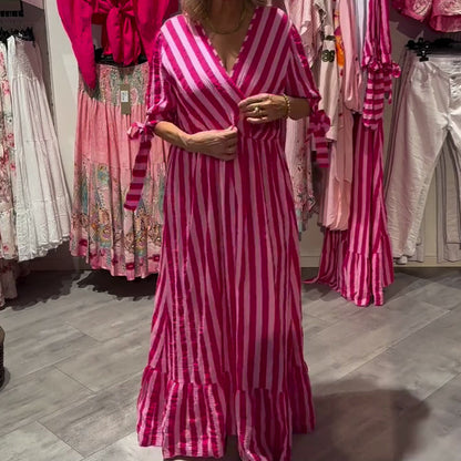 ✨ Striped V-Neck Casual Dress - Women's Flattering Silhouette, Breathable Material | Ideal for Summer Days, Garden Gatherings & More