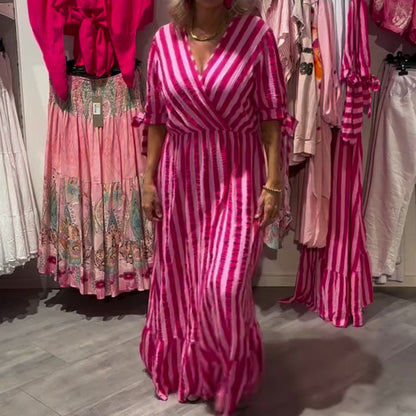 ✨ Striped V-Neck Casual Dress - Women's Flattering Silhouette, Breathable Material | Ideal for Summer Days, Garden Gatherings & More