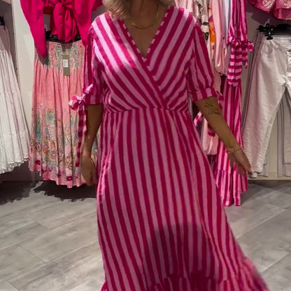 ✨ Striped V-Neck Casual Dress - Women's Flattering Silhouette, Breathable Material | Ideal for Summer Days, Garden Gatherings & More