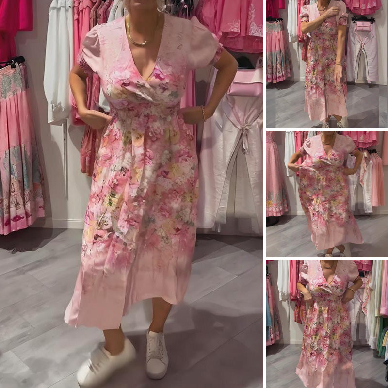 🔥Best Selling🔥Women's Elegant Floral Print V-Neck Long Dress