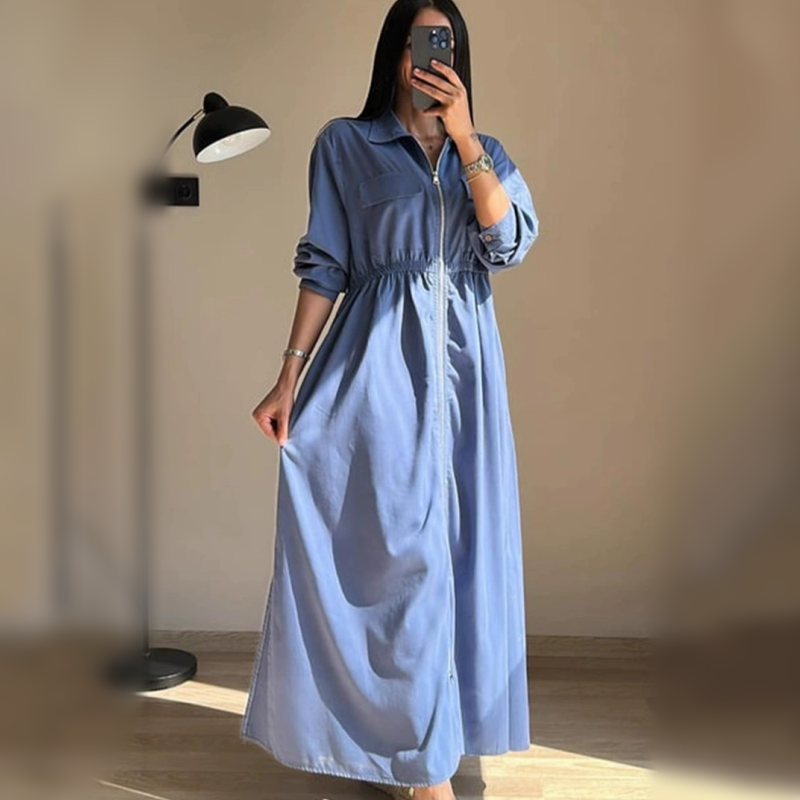 Long-Sleeve Zip-Up Dress with Waist Cinching