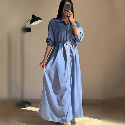 Long-Sleeve Zip-Up Dress with Waist Cinching