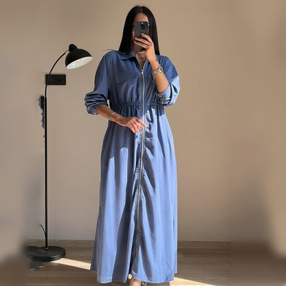 Long-Sleeve Zip-Up Dress with Waist Cinching